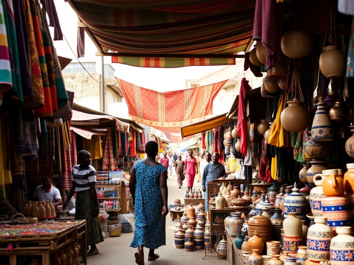 Colourful open-air market with fabrics and pottery in Abeokuta