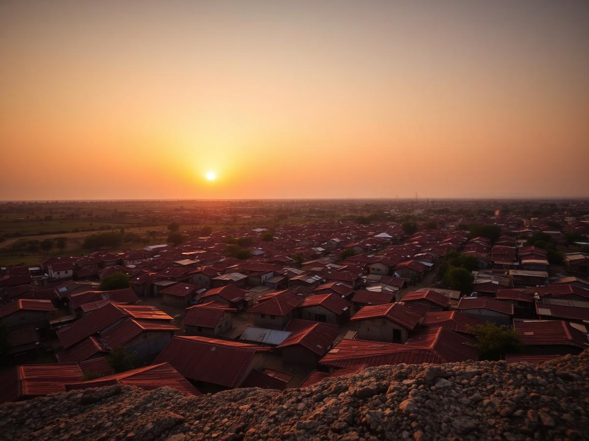 Sunset over the rust-coloured rooftops of Abeokuta seen from a rock summit