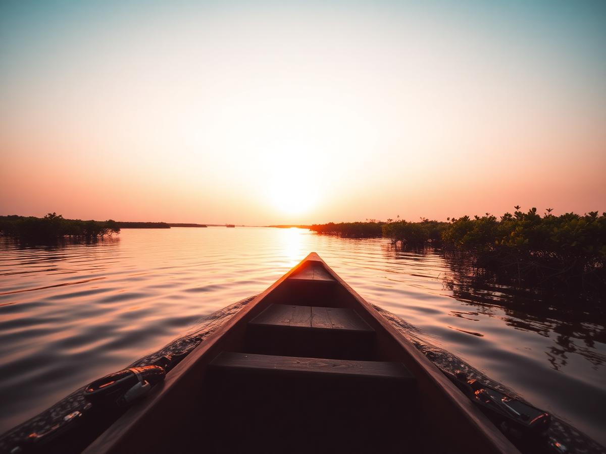 Wooden boat crossing the Lagos lagoon at sunset with mangroves nearby