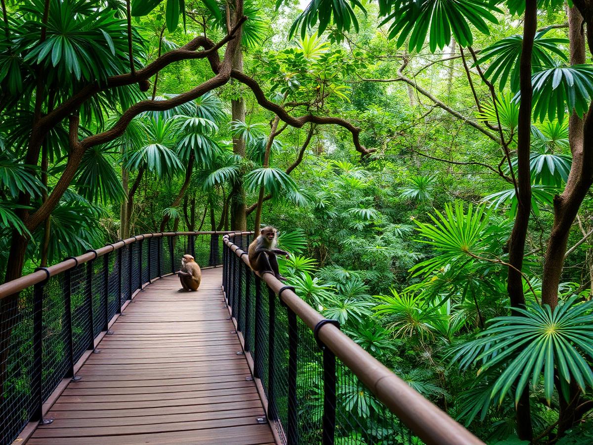 Wooden nature trail through dense rainforest with monkeys on the railing
