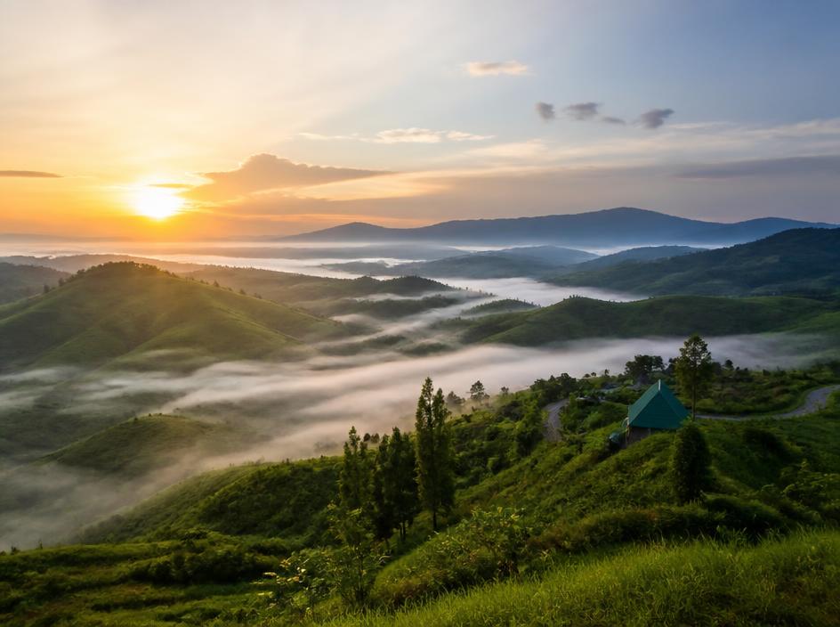 Rolling green hills of Obudu Mountain Resort at sunrise with mist