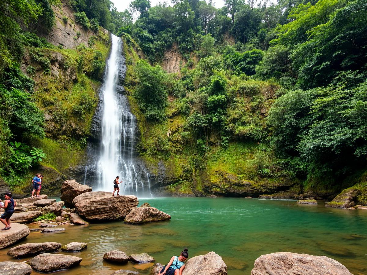 Tall waterfall falling into a green natural pool surrounded by rainforest