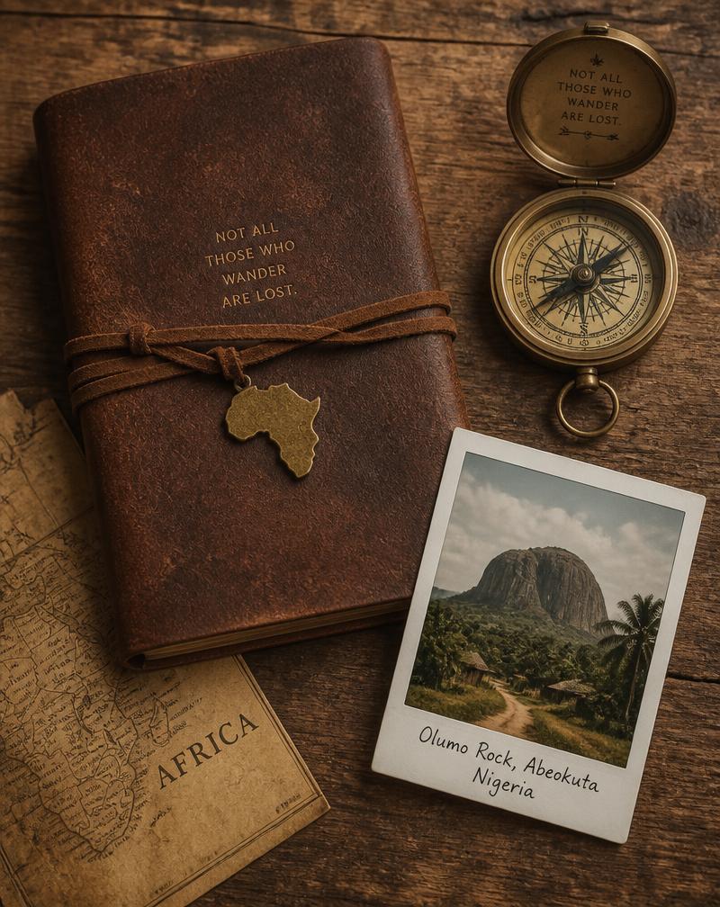 A leather travel journal, compass, and Polaroid of a Nigerian landscape
